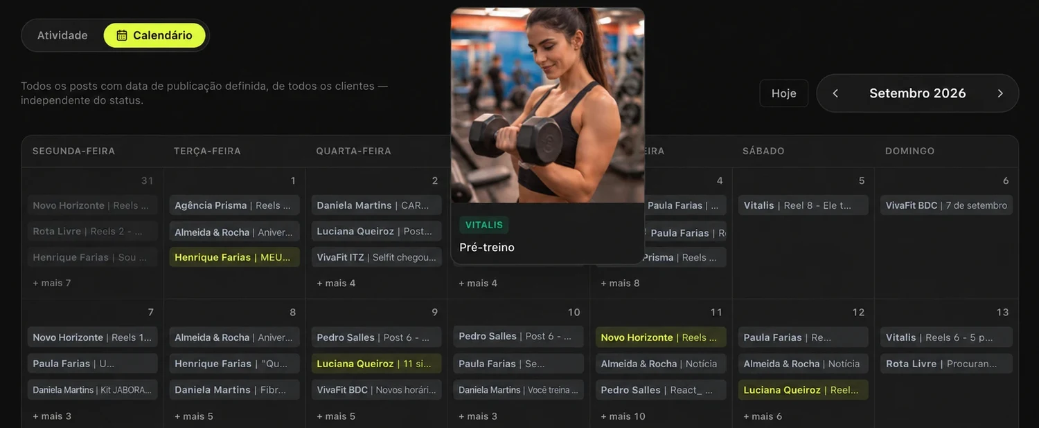 Calendário geral com posts de vários clientes